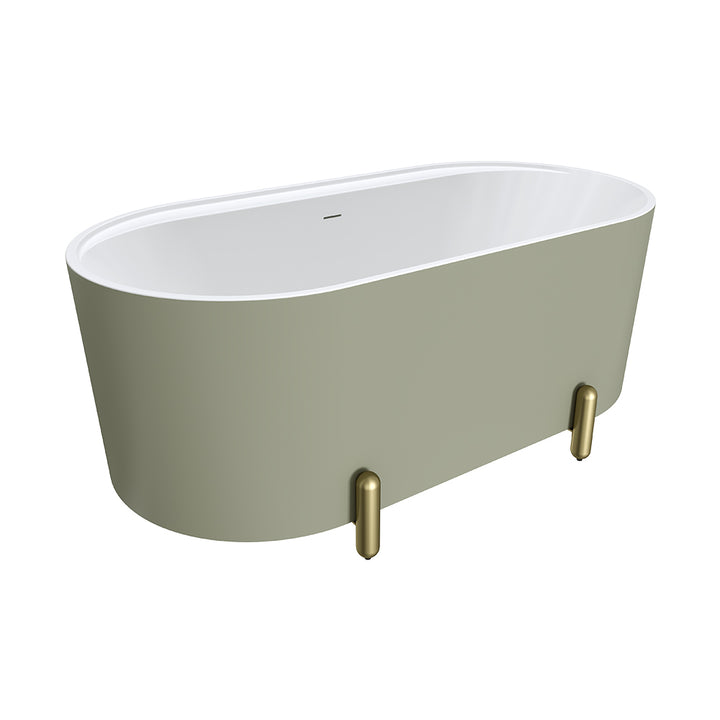 Aluca Freestanding Bath, 1500mm Matte Olive with Urban Brass Legs with overflow