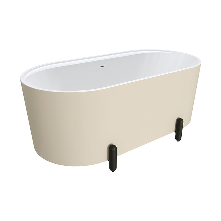 Aluca Freestanding Bath, 1500mm Matte Khaki with Matte Black Legs with overflow