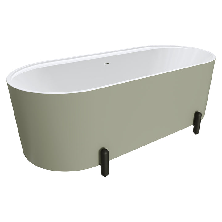 Aluca Freestanding Bath, 1700mm Matte Olive with Matte Black Legs with overflow