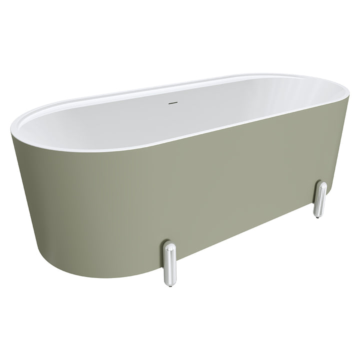 Aluca Freestanding Bath, 1700mm Matte Olive with Chrome Legs with overflow