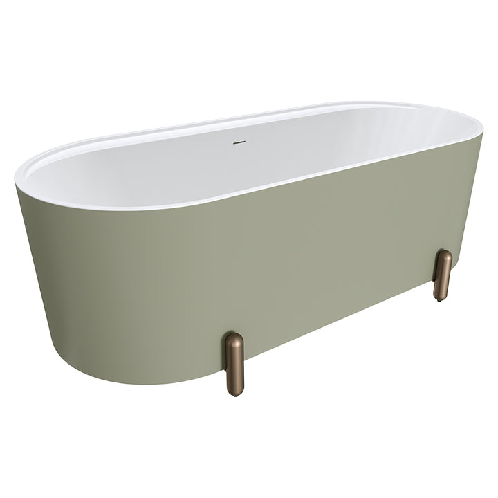 Aluca Freestanding Bath, 1700mm Matte Olive with Brushed Copper Legs with overflow