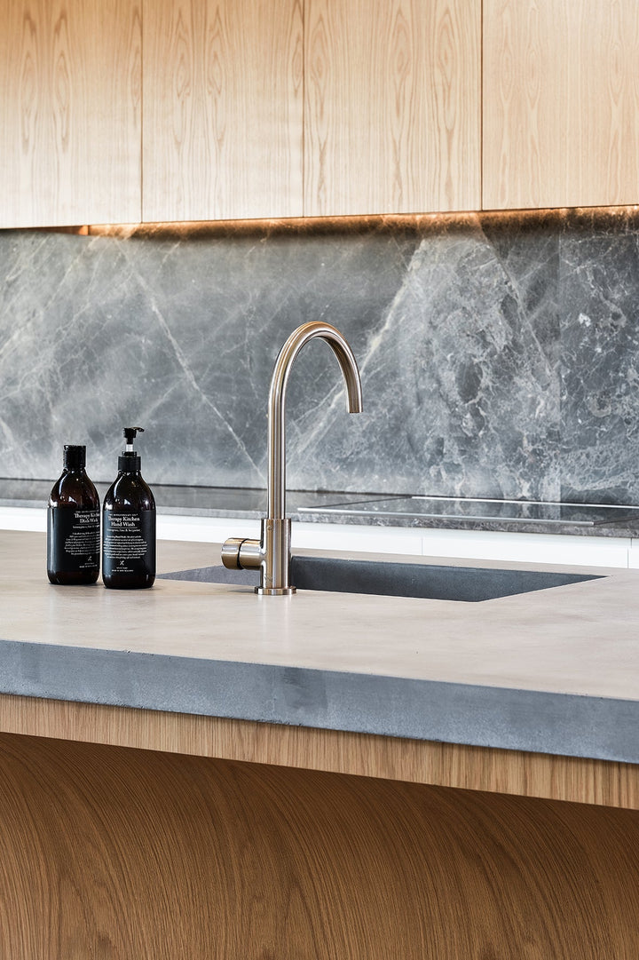 Round Gooseneck Kitchen Mixer Tap with Pinless Handle - Champagne