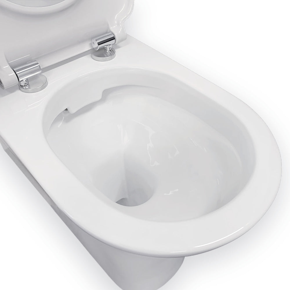 Delta Care Back-to-Wall Toilet Suite, White Seat, Raised Buttons - lifestyle