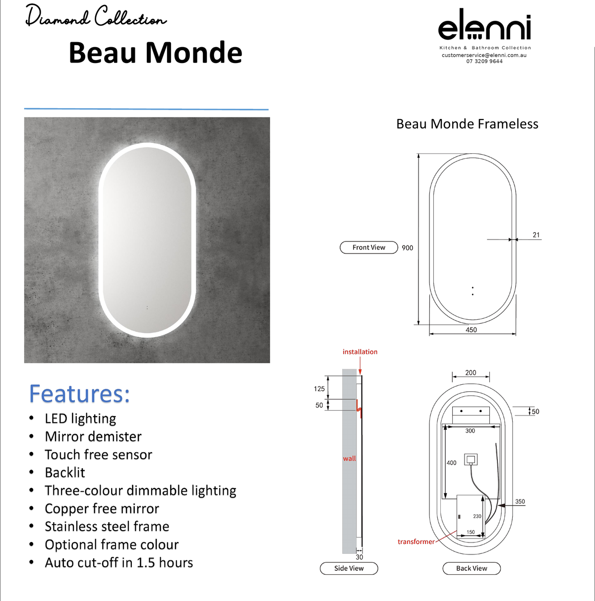Elenni specification sheet - Beau Monde Pill 450mm LED Mirror