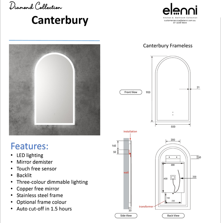 Elenni specification sheet - Canterbury 500mm LED Mirror
