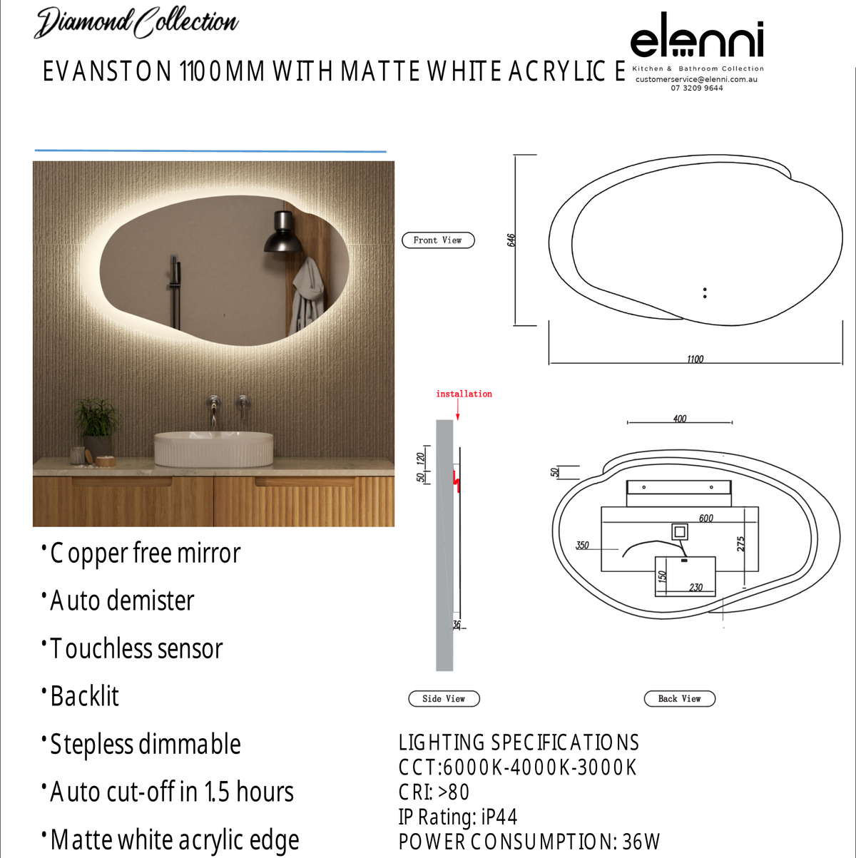 Elenni specification sheet - Evanston 1100mm LED Mirror