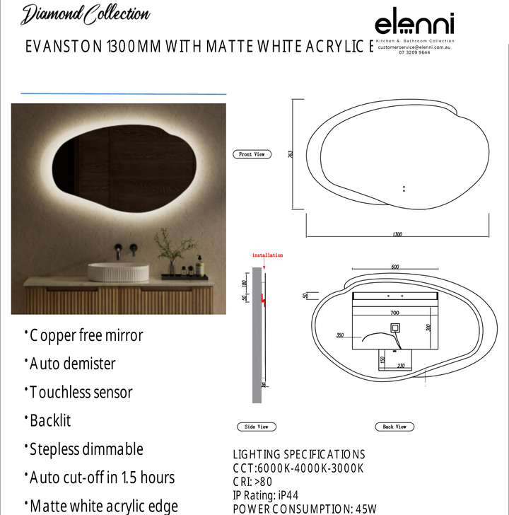 Elenni specification sheet - Evanston 1300mm LED Mirror
