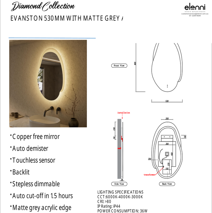 Elenni specification sheet - Evanston 530mm LED Mirror