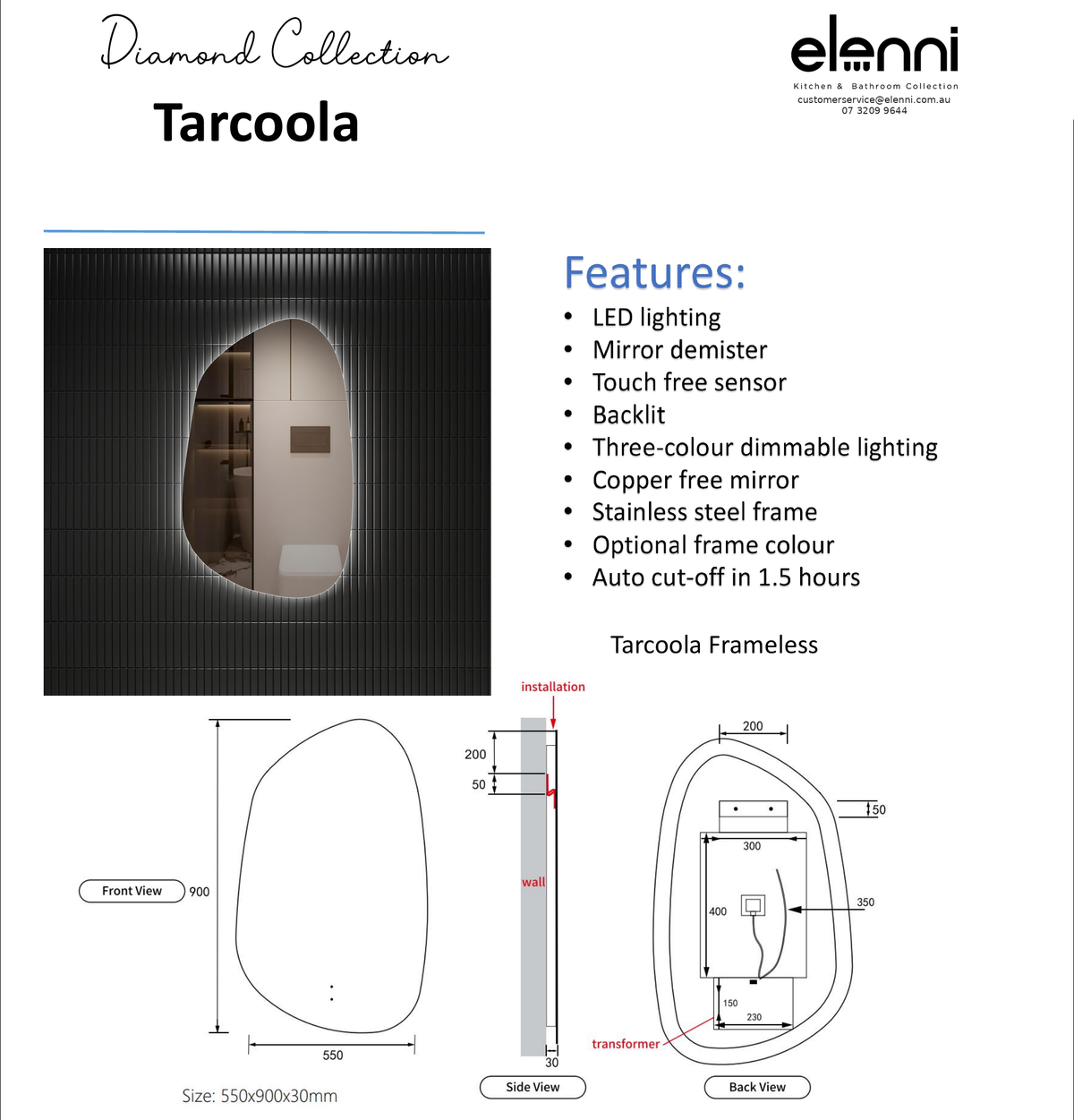 Elenni specification sheet - Tarcoola 550mm LED Mirror