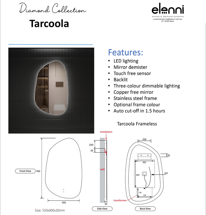 Elenni specification sheet - Tarcoola 550mm LED Mirror