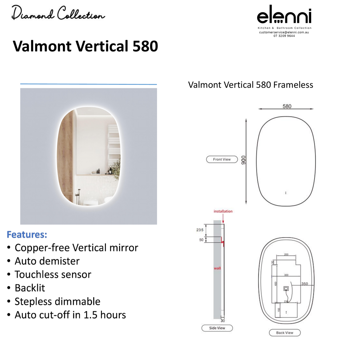 Elenni specification sheet - Valmont Vertical 580mm LED Mirror