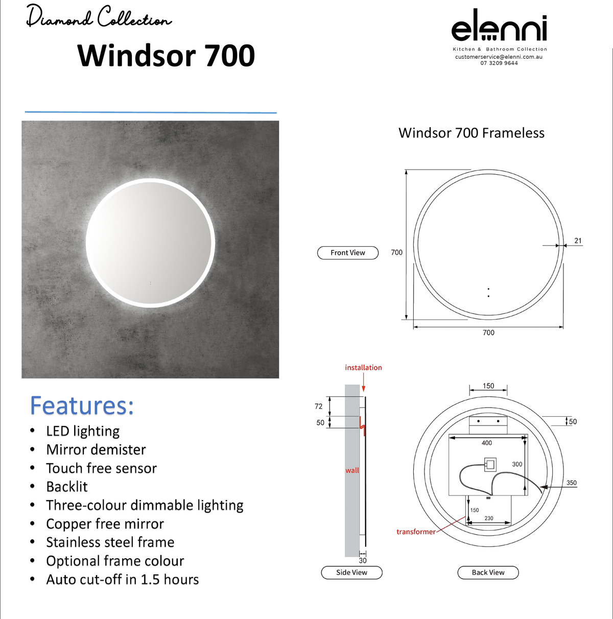 Elenni specification sheet - Windsor 700mm LED Mirror