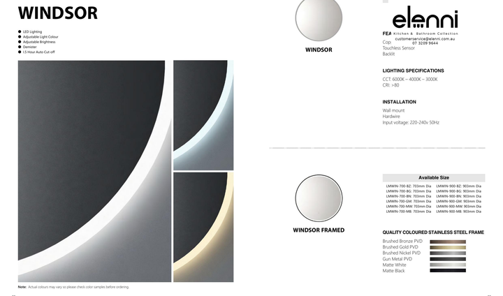 Elenni specification sheet - Windsor 900mm LED Mirror