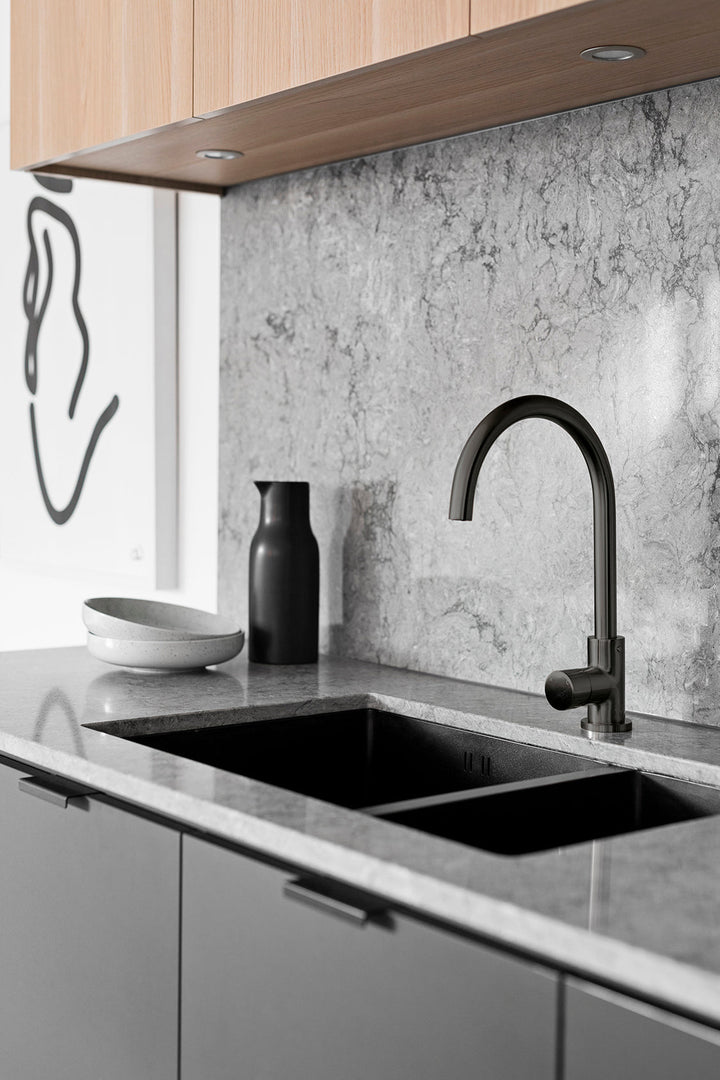 Round Gooseneck Kitchen Mixer Tap with Pinless Handle - Shadow Gunmetal