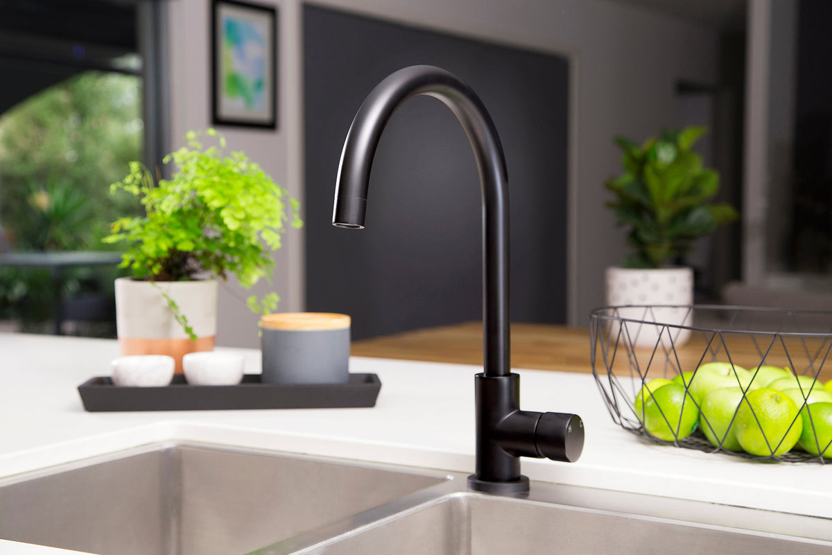 Round Gooseneck Kitchen Mixer Tap with Pinless Handle - Matte Black