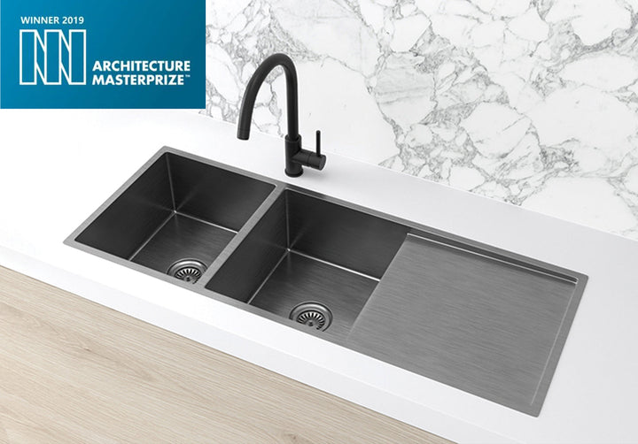 Lavello Kitchen Sink - Double Bowl &amp; Drainboard 1160 x 440 - PVD Gunmetal Black