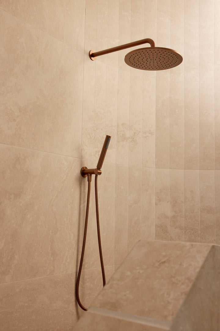 Round Wall Shower Curved Arm 400mm - Lustre Bronze