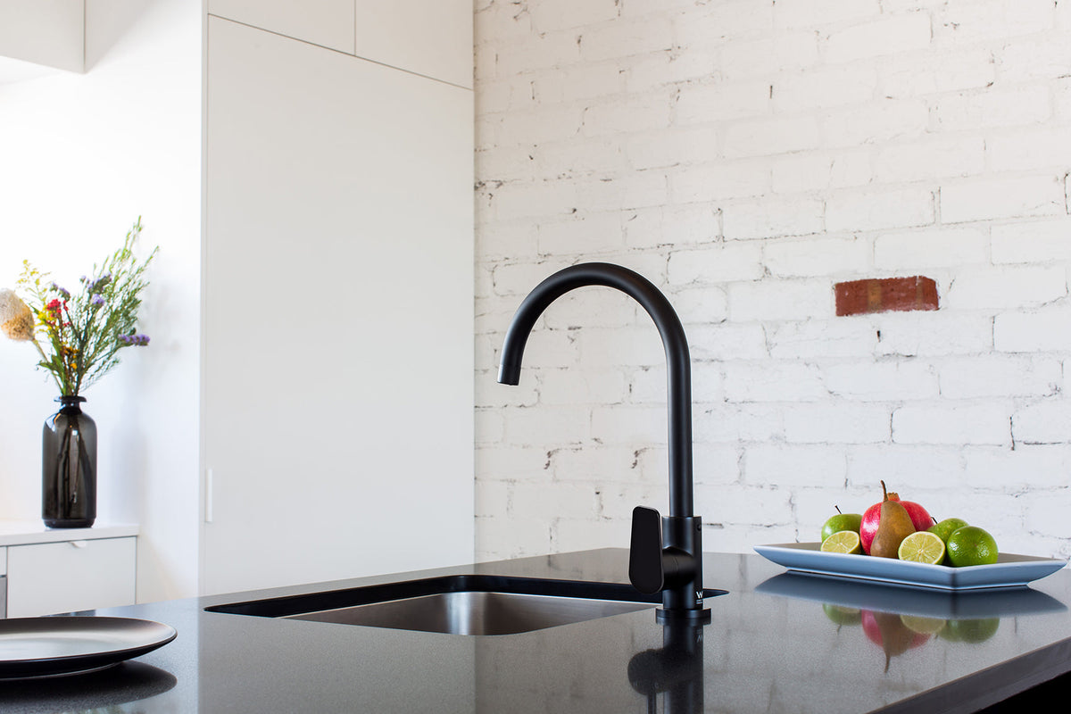 Round Gooseneck Kitchen Mixer Tap with Paddle Handle - Matte Black