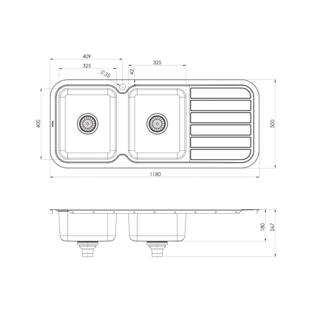 1000 Series Double Left Hand Bowl Sink with Drainer and Taphole - Stainless Steel