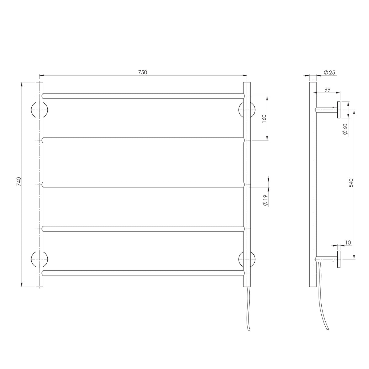 Specification diagram - Radii Heated Towel Ladder 750mm x 740mm