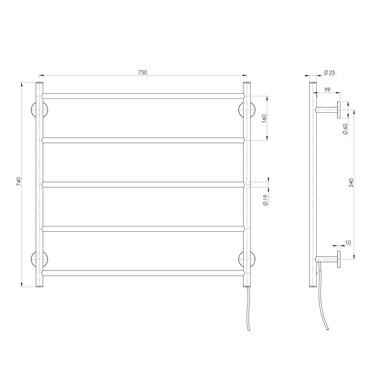 Specification diagram - Radii Heated Towel Ladder 750mm x 740mm
