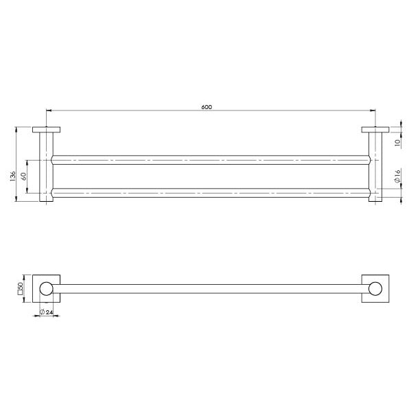 Radii Double Towel Rail 600mm Square Plate - Brushed Carbon
