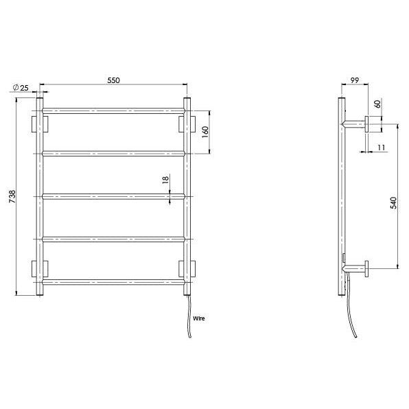 Radii Heated Towel Ladder 550 x 740mm Sqaure Plate - Chrome