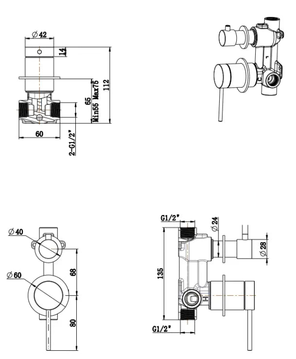 Mica Shower Mixer Diverter - 2P - TRIM KIT ONLY