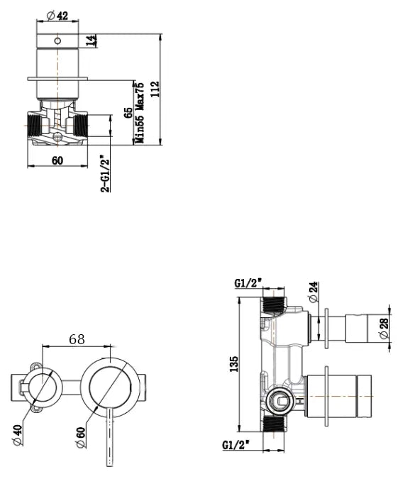 Mica Fluted Shower Mixer Diverter - Sideways