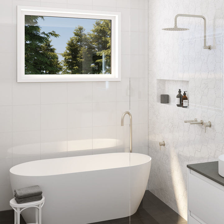 Kaya Gooseneck Floor Mounted Bath Outlet - Brushed Nickel