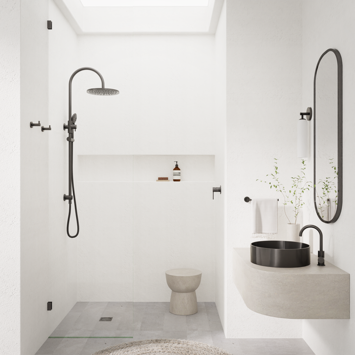 Round Gooseneck Shower Set with 300mm rose, Three-Function Hand Shower - Shadow Gunmetal