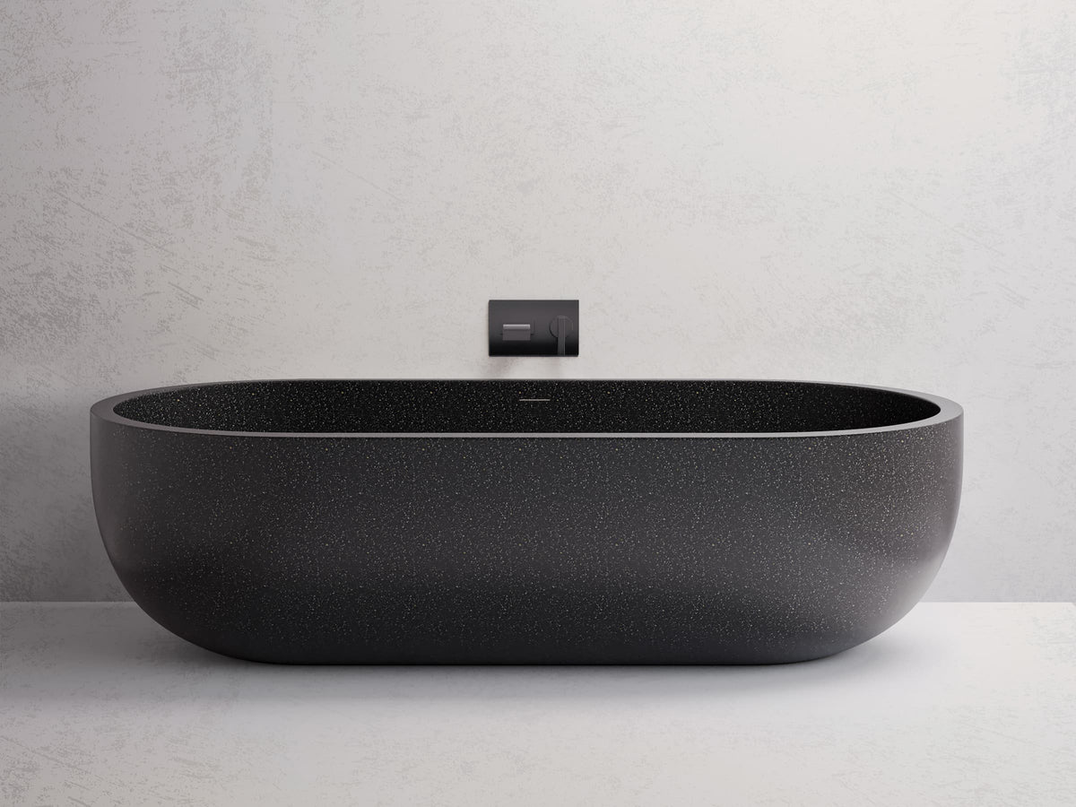 Victoria freestanding bath — Black terrazzo lifestyle
