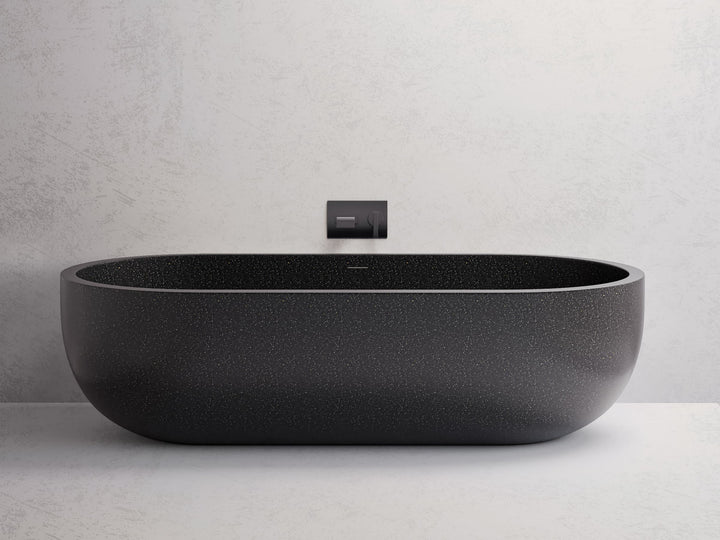 Victoria freestanding bath — Black terrazzo lifestyle