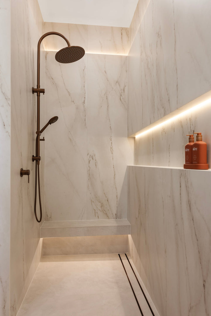 Round Gooseneck Shower Set with 300mm rose, Three-Function Hand Shower - Lustre Bronze