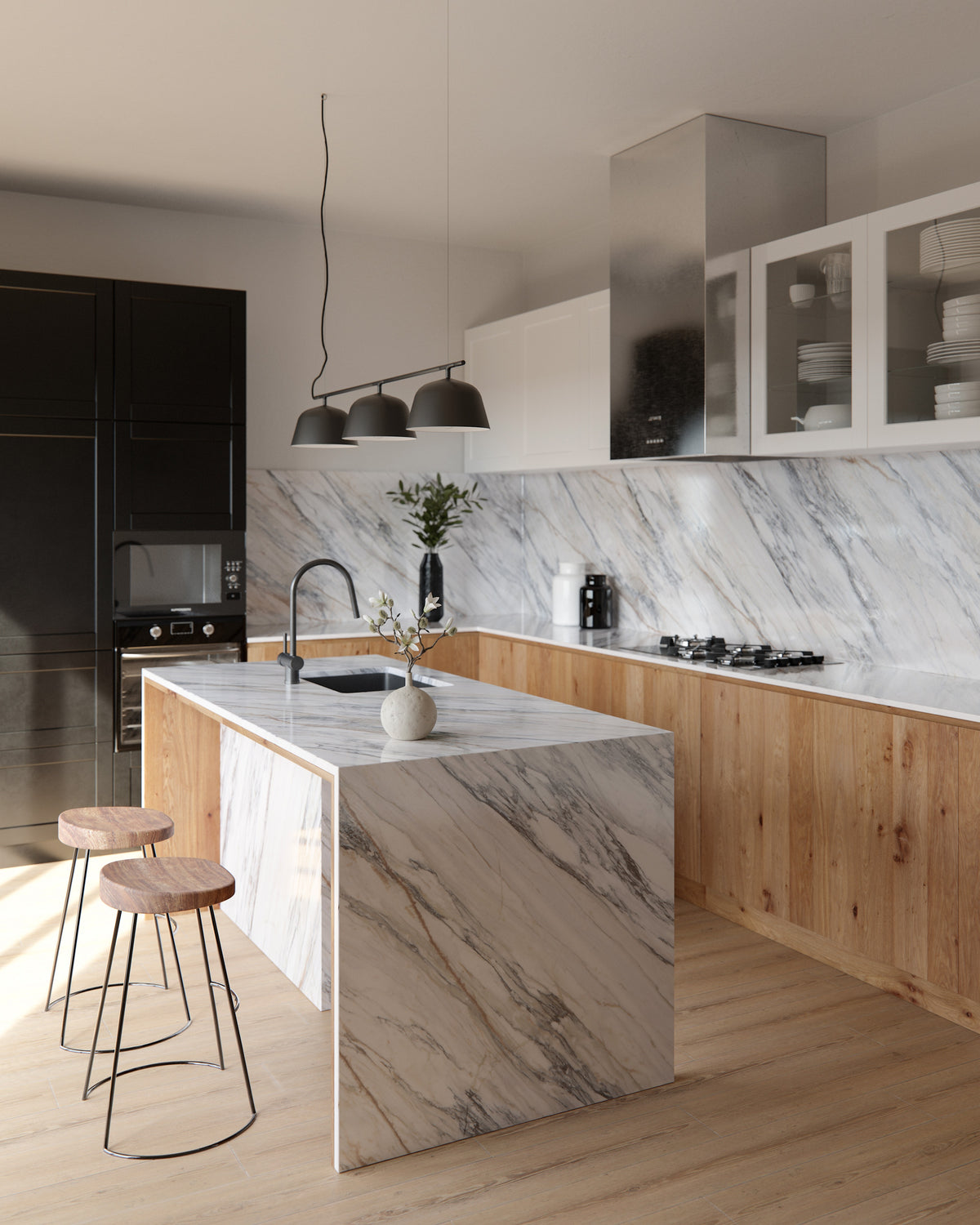 Dekton Trance on a kitchen island and splashback