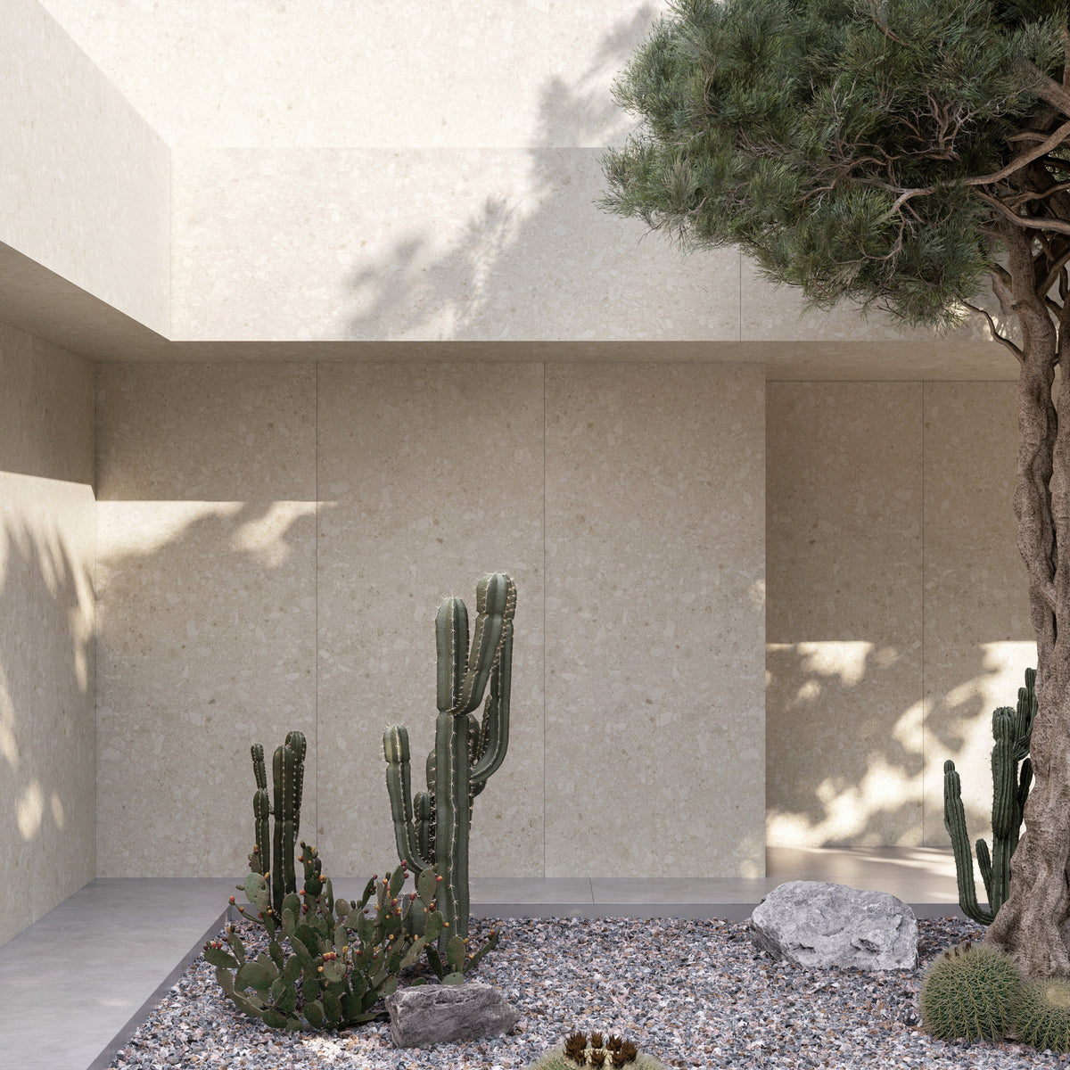 Dekton Ava in an outdoor area with Dekton Sandik, close-up
