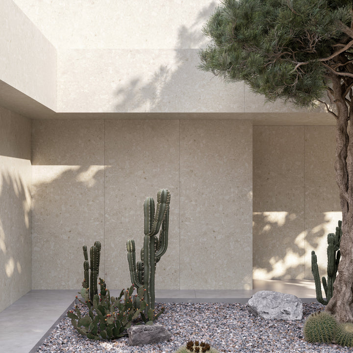 Dekton Ava in an outdoor area with Dekton Sandik, close-up