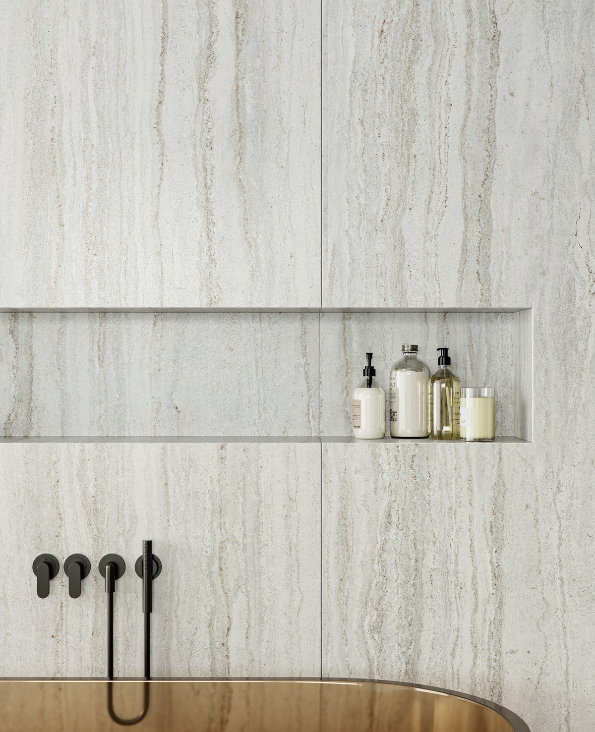 Dekton Trevi in a bathroom with Dekton Polar (first photo)