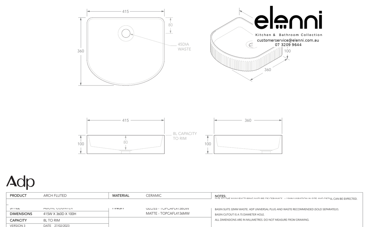 Elenni specification sheet - Arch Fluted