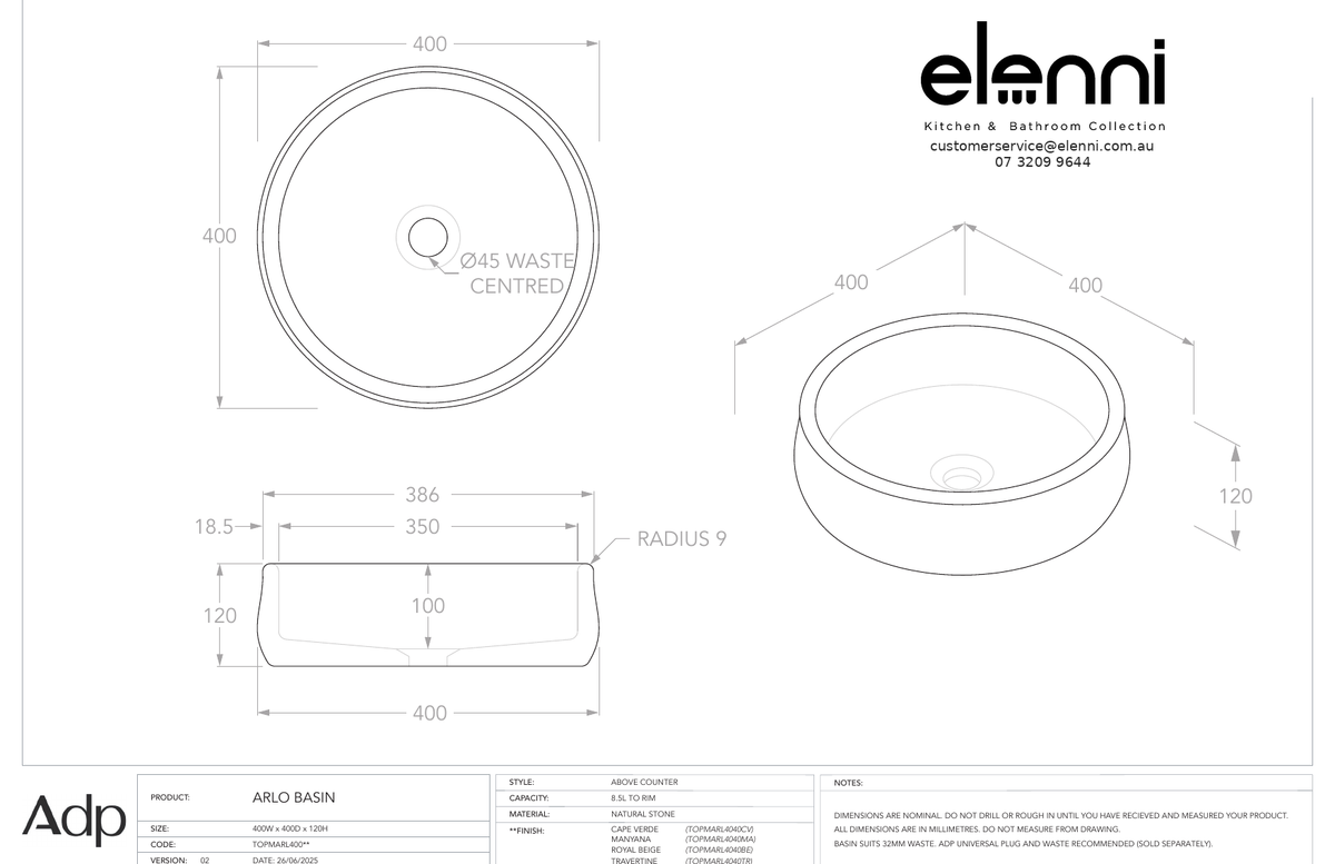 Elenni specification sheet - Arlo Royal Beige