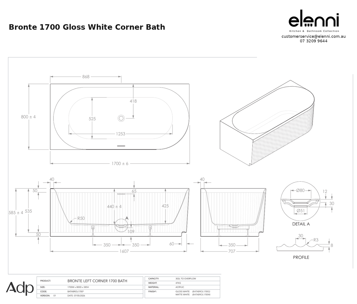 adp-bronte-corner-1700-gloss-white specification dimensions diagram
