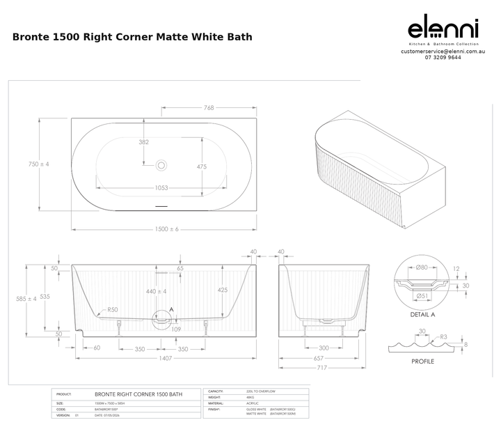 Bronte 1500 Right Corner Matte White Bath — specification sheet (Elenni)