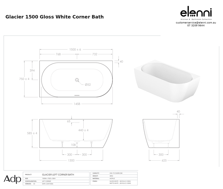 adp-glacier-corner-bath-1500-gloss-white specification dimensions diagram