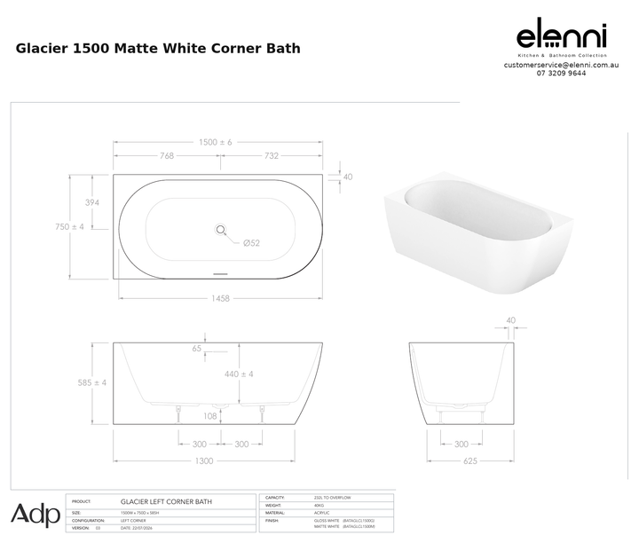adp-glacier-corner-bath-1500-matte-white specification dimensions diagram