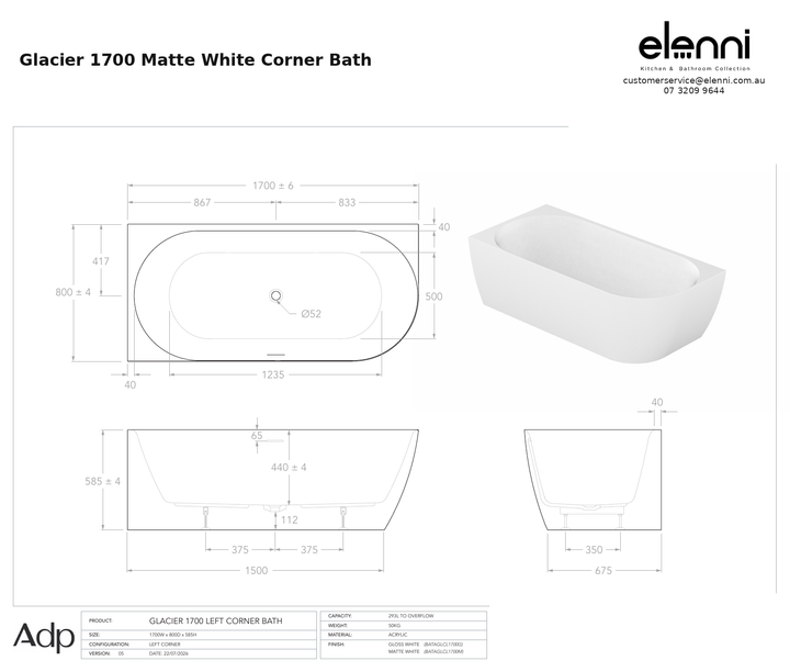 adp-glacier-corner-bath-1700-matte-white specification dimensions diagram