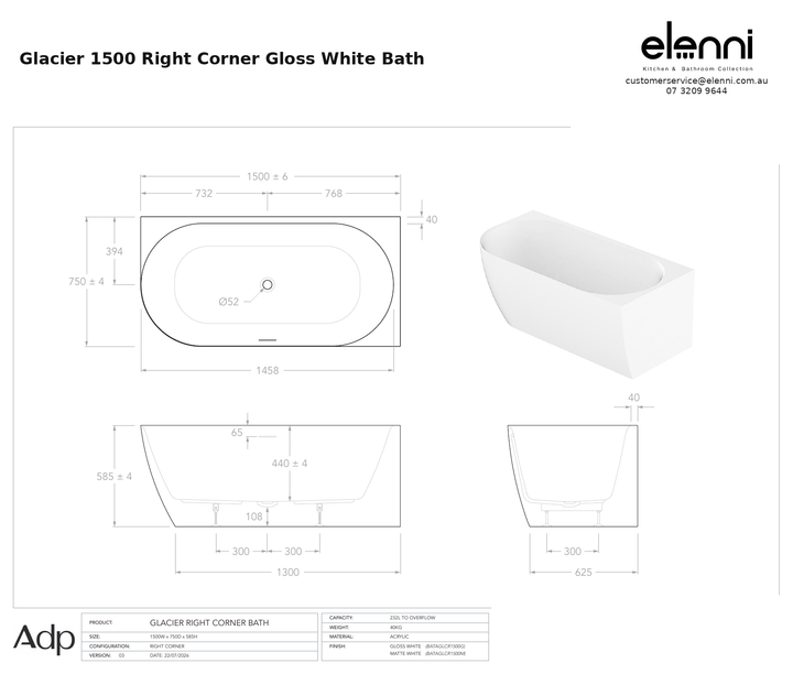adp-glacier-right-corner-bath-1500-gloss-white specification dimensions diagram