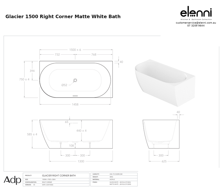 adp-glacier-right-corner-bath-1500-matte-white specification dimensions diagram