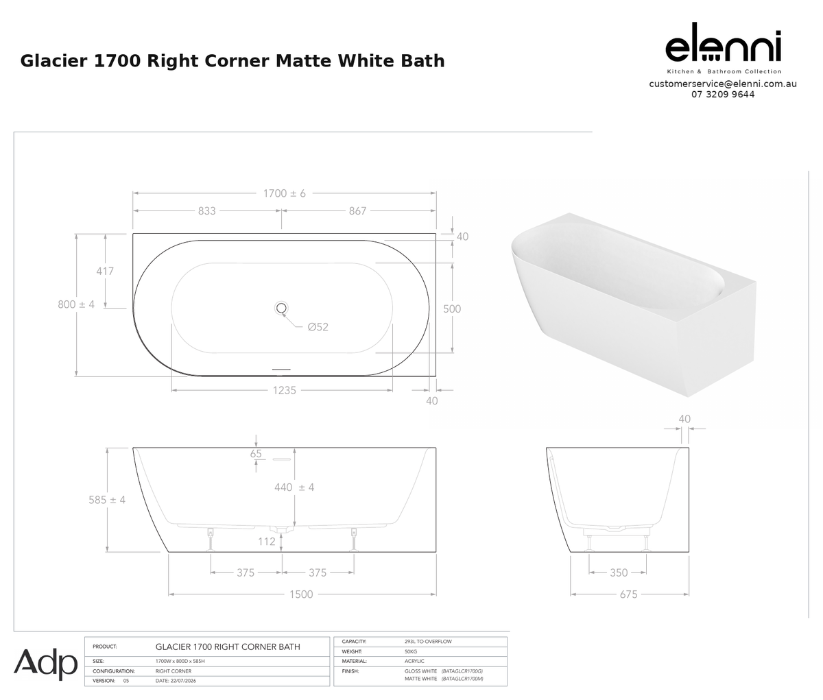 adp-glacier-right-corner-bath-1700-matte-white specification dimensions diagram