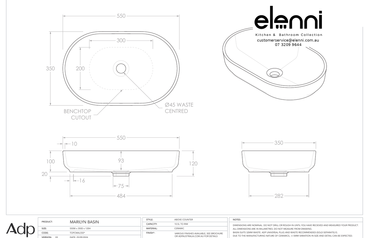 Elenni specification sheet - Marilyn Basin - Gloss White
