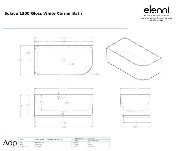 adp-solace-corner-1300-gloss-white specification dimensions diagram